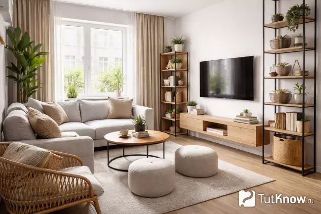Дизайн маленькой гостиной с компактной мебелью и открытыми стеллажами