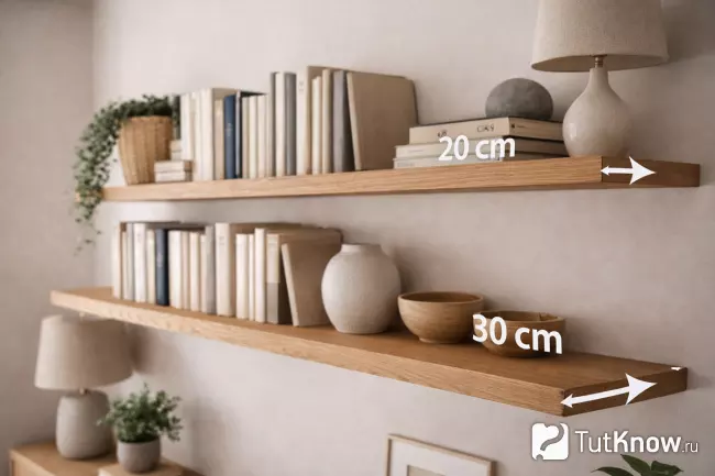 Глубина настенных полок — 20 и 30 см