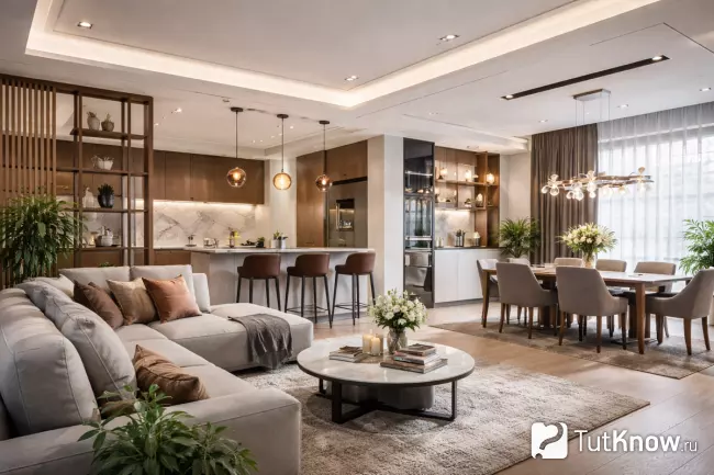Открытая гостиная с кухней и столовой в современном стиле