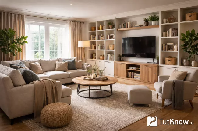 Планировка гостиной с зоной отдыха и хранением