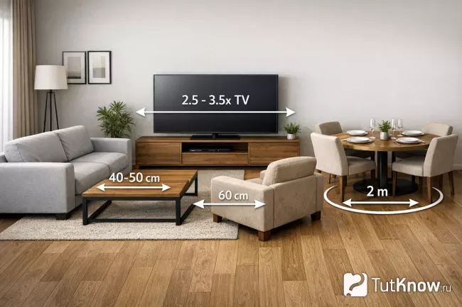 Минимальные расстояния между мебелью в гостиной