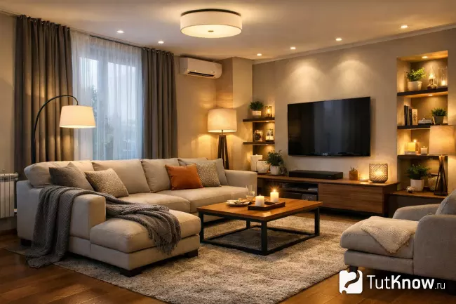 Современная гостиная с комфортным освещением и мебелью