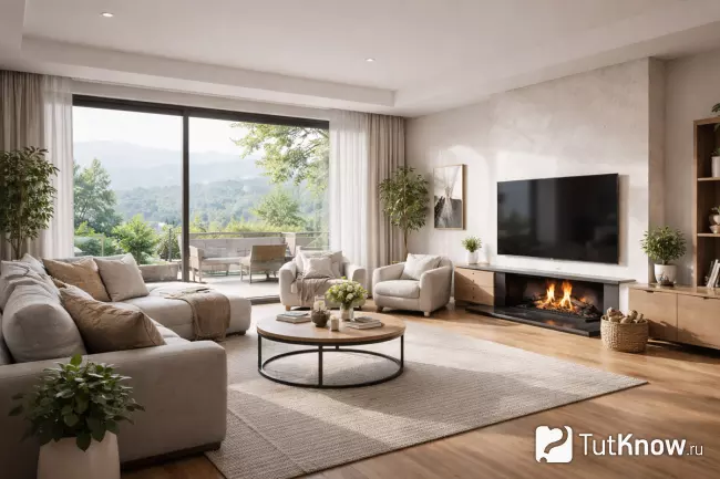 Планировка гостиной с телевизором, камином и окном