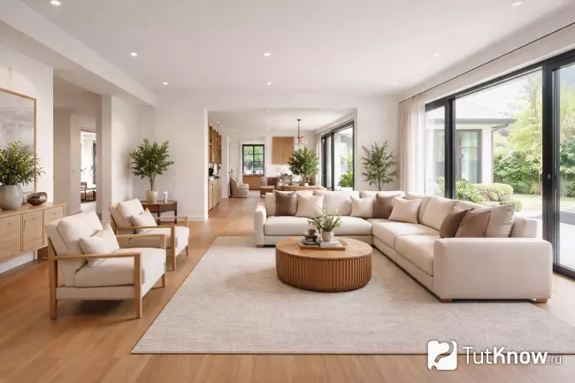 Планировка светлой гостиной в частном доме