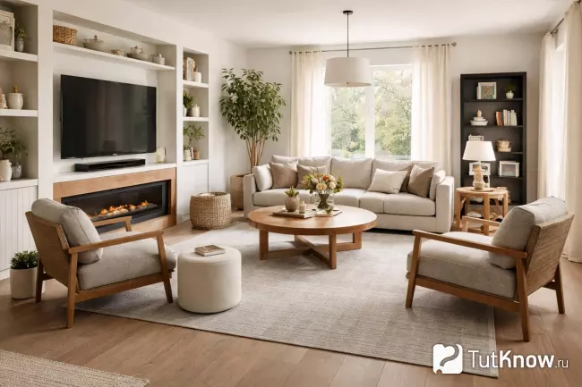 Планировка гостиной с композиционным центром и зоной отдыха