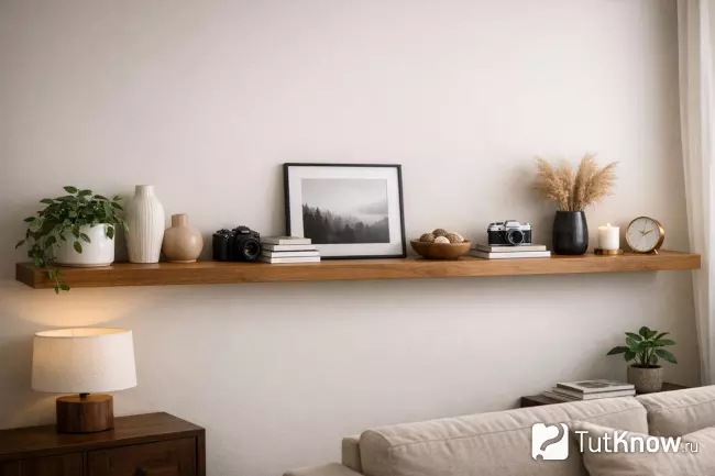Широкая настенная полка в интерьере квартиры