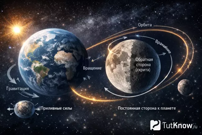 Синхронное вращение Луны вокруг Земли — одна сторона всегда обращена к планете