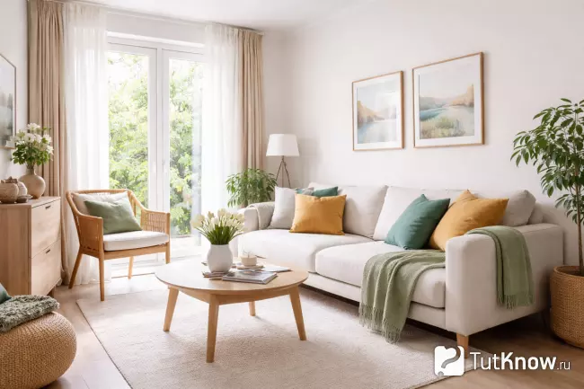 Светлая палитра в интерьере маленькой гостиной