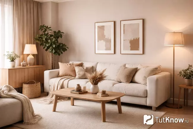 Уютный минимализм в дизайне гостиной с тёплыми оттенками