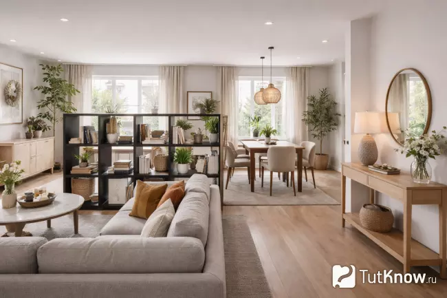 Зонирование гостиной мебелью — диван стеллаж консоль