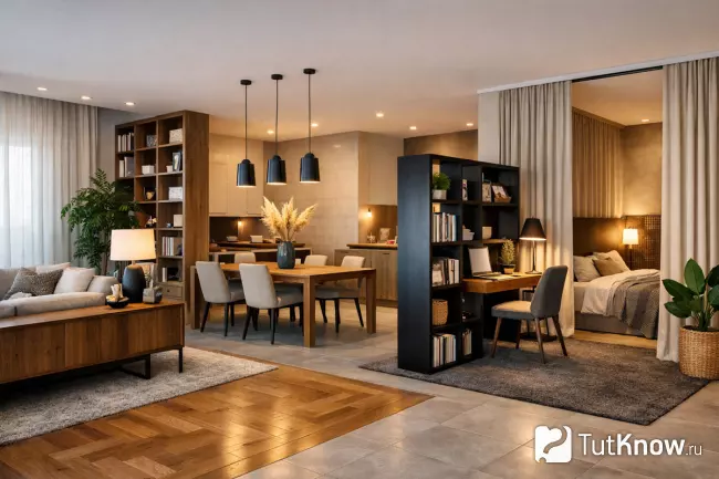 Зонирование открытой планировки без стен в интерьере