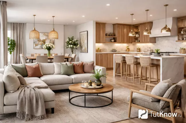 Гостиная с открытой планировкой, кухня и столовая в одном пространстве
