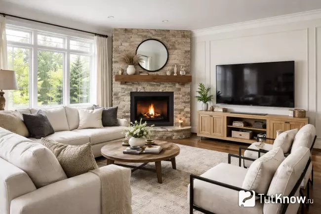 Небольшая уютная гостиная в частном доме с камином и ТВ