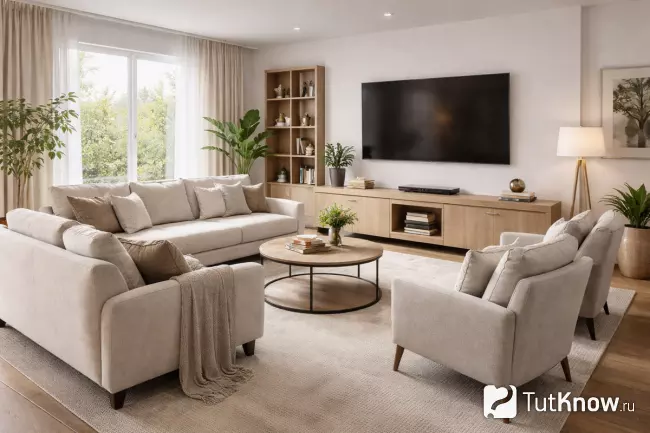 Планировка гостиной с диваном, креслами и столиком