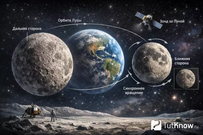 Схема синхронного вращения и орбиты вокруг Земли