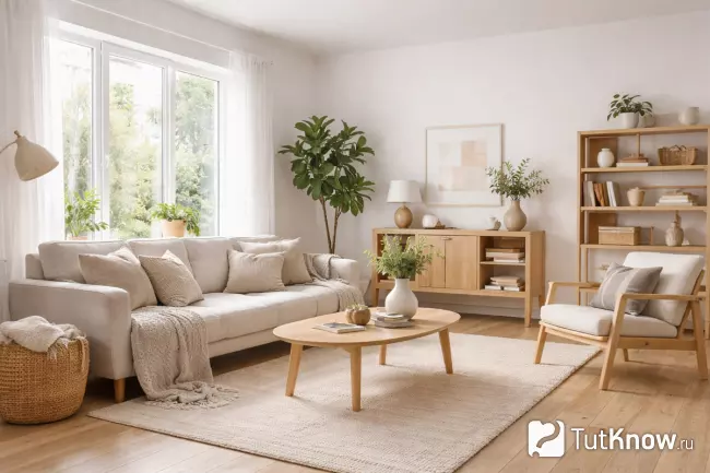 Скандинавский стиль гостиной со светлой мебелью, деревом