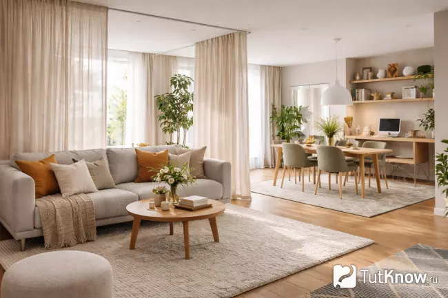 Зонирование гостиной коврами и текстилем