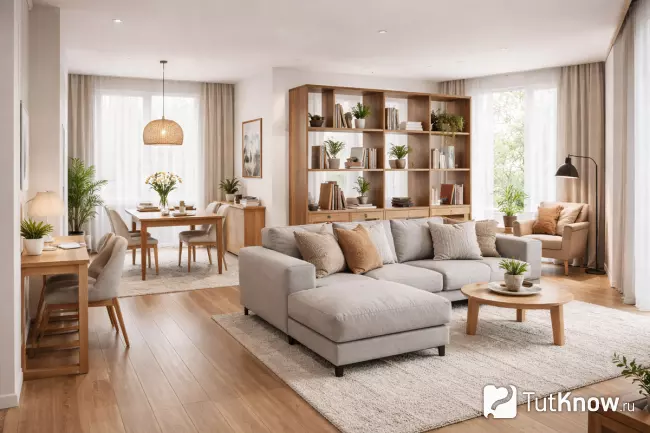 Зонирование гостиной мебелью и светом