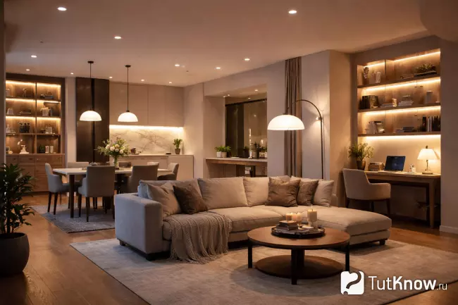 Гостиная с открытой планировкой и разными сценариями освещения