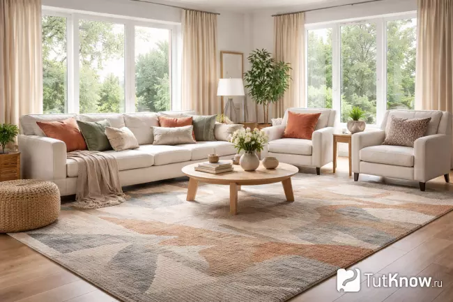 Ковер и текстиль в просторной гостиной