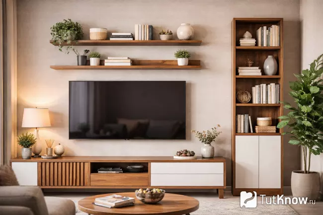 Настенные полки в гостиной с телевизором и шкафом