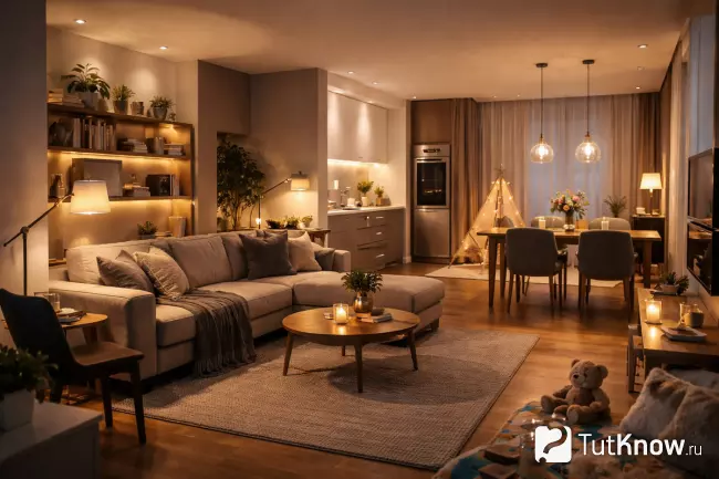 Освещение гостиной с разными световыми зонами