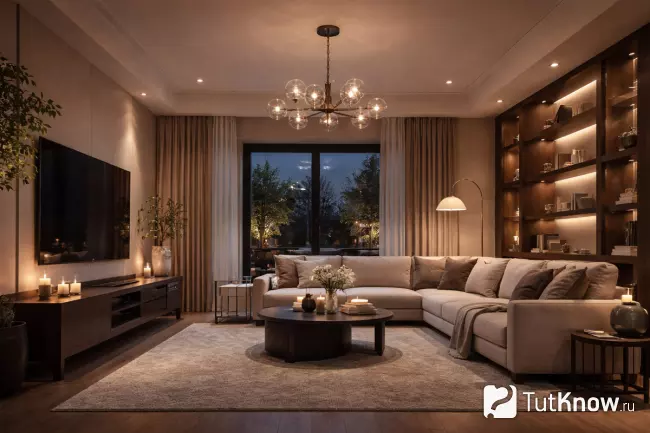 Современная гостиная с многоуровневым освещением