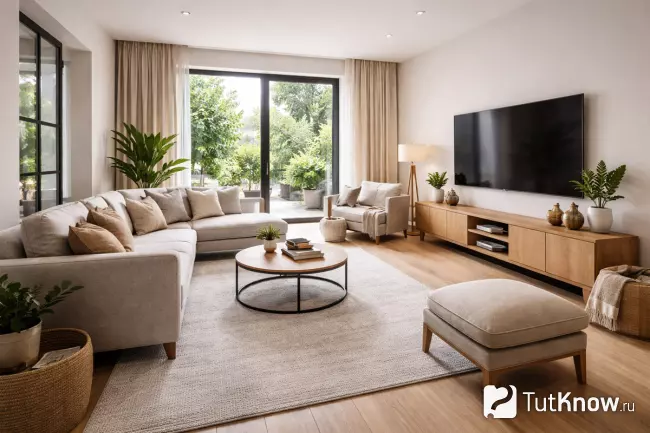 Планировка гостиной с удобными проходами между мебелью