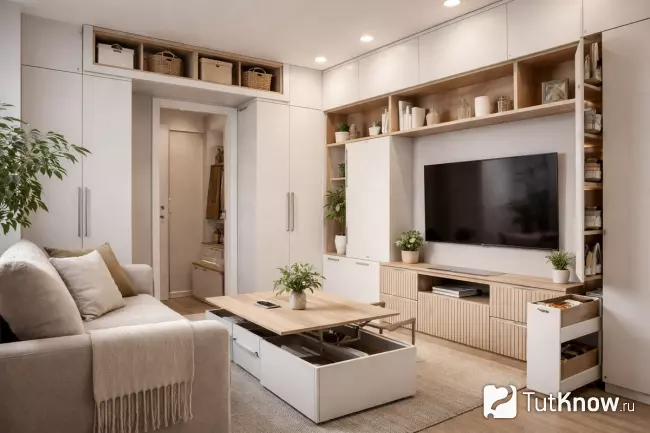 Скрытые системы хранения и вертикальные шкафы в маленькой гостиной