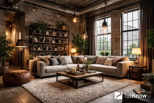 Современная гостиная в стиле лофт с мягкой мебелью