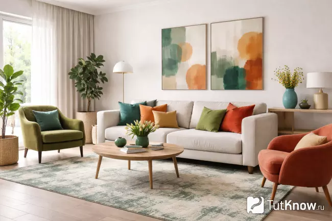 Светлая гостиная с нейтральной палитрой и цветными акцентами