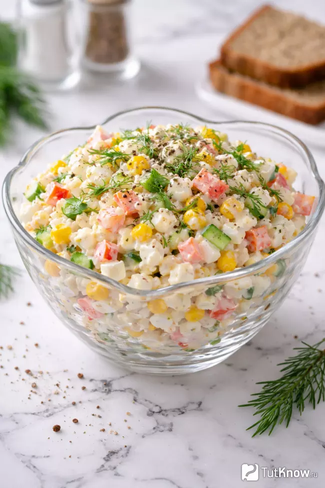 Салат с крабовыми палочками и рисом – классический рецепт с кукурузой