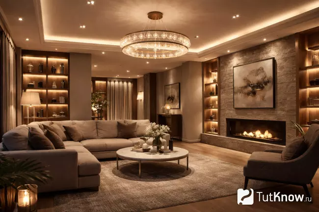 Многоуровневое освещение в просторной гостиной