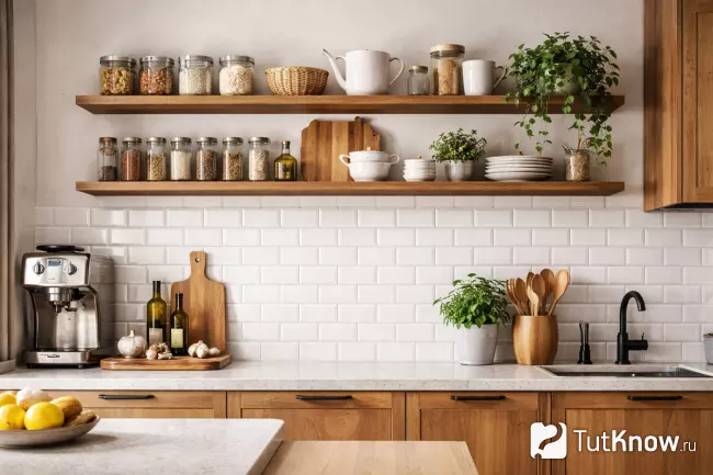 Кухонные настенные полки с банками и посудой