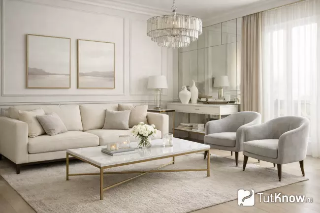 Неоклассическая гостиная в светлых тонах с элегантной мебелью