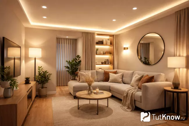 Освещение маленькой гостиной без тёмных углов
