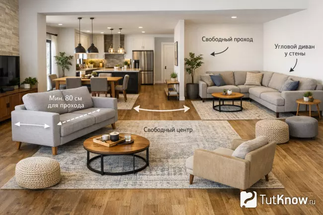 Открытая гостиная с диваном и свободными проходами