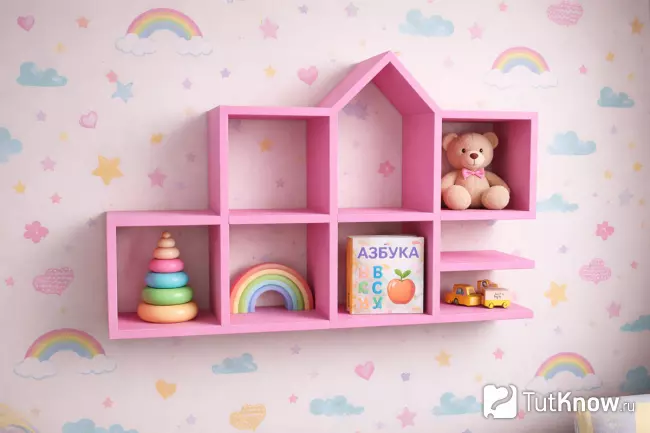 Розовая полка над столом для детской комнаты