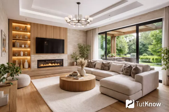 Современная гостиная в частном доме, отделка