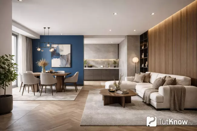 Зонирование гостиной акцентными стенами и материалами