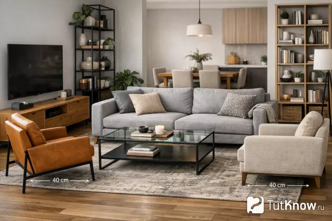 Гостиная с правильно подобранной мебелью и пропорциями
