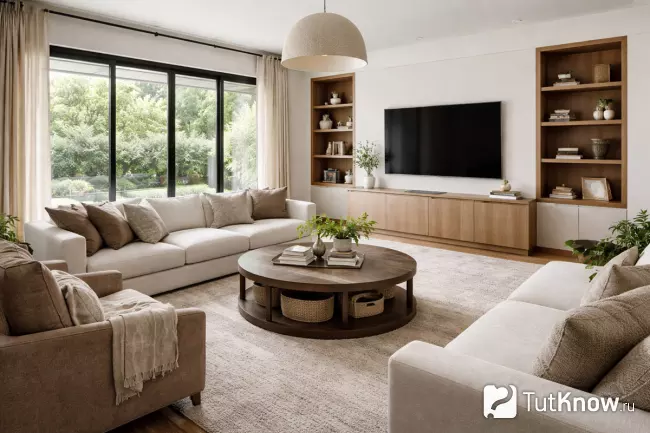 Просторная гостиная с крупной мебелью и хранением