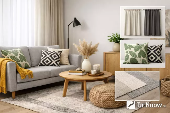 Современная гостиная с текстилем и декором в квартире