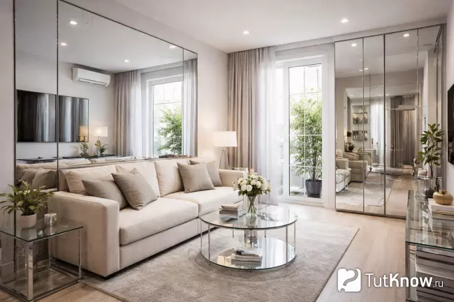 Зеркала и стеклянная мебель в дизайне маленькой гостиной