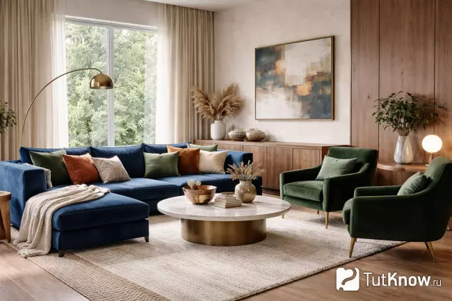 Просторная гостиная с фактурами и цветовыми акцентами