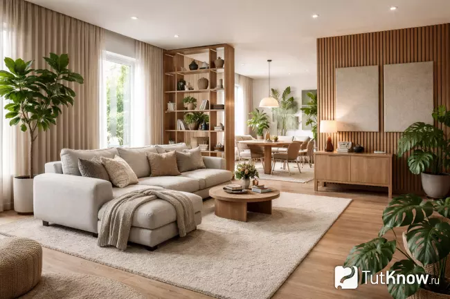 Спокойная гостиная с открытой планировкой и мягким текстилем