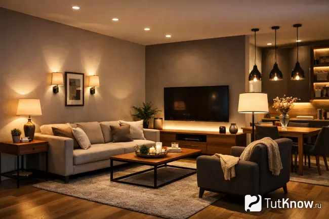 Планировка гостиной с многоуровневым освещением и зонированием