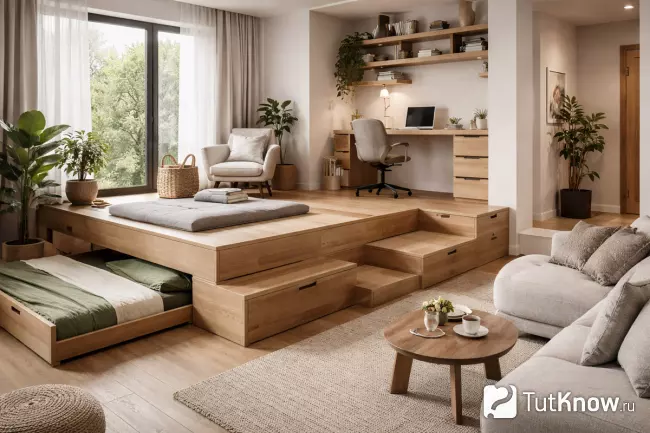 Подиум в гостиной для зонирования пространства