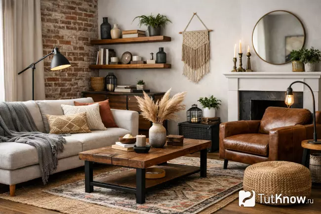 Смешение стилей в интерьере гостиной — скандинавский, бохо и лофт
