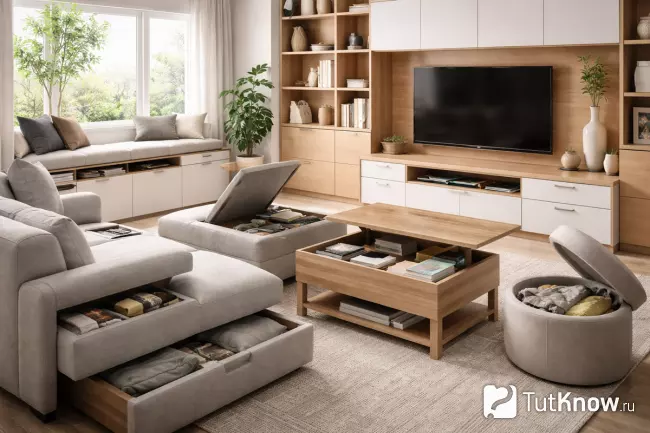 Современная гостиная со скрытыми системами хранения